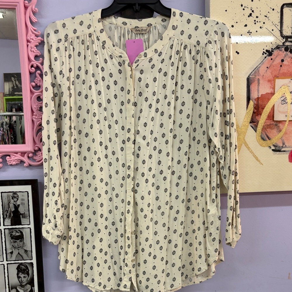 Lucky Brand Cream Blouse with Navy Motif